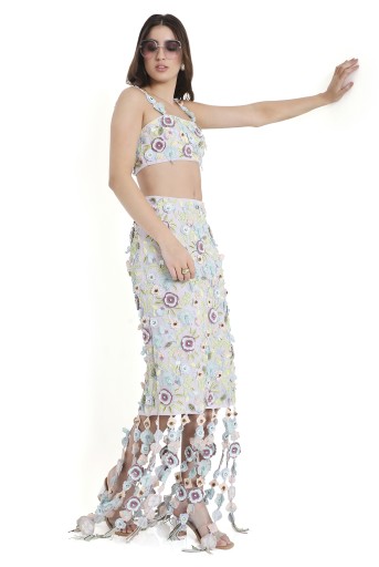 PS-CS0117  Capri Lilac Embroidered Bustier And Fitted Skirt With Hanging 3D Flowered Tassels