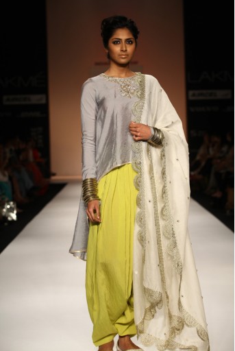 PS-FW178 Chaand Grey Cotton Silk High-Low Kurta with Lime Green Patiala Salwar and Cream Silkmul Dupatta