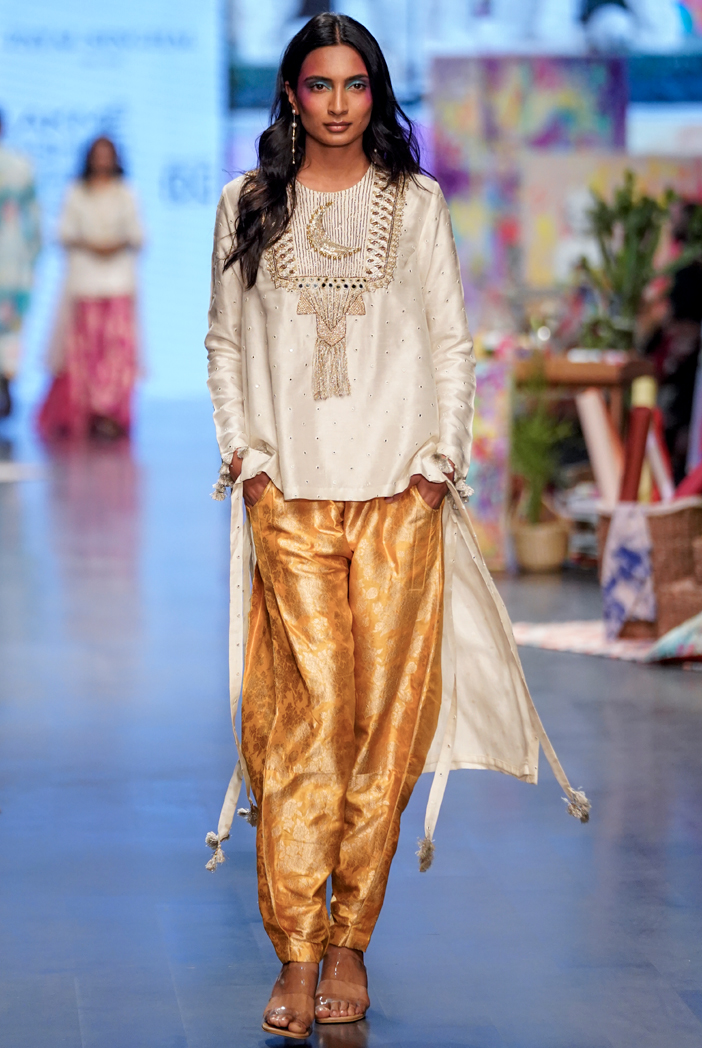 chaantara off white abla silk embroidered high low kurta with mustard brocade constructed pants a0
