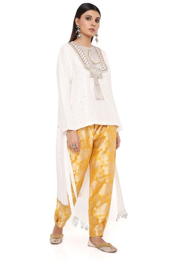 PS-KP0214  Chaantara Off White Abla Silk Embroidered High Low Kurta With Mustard Brocade Constructed Pant