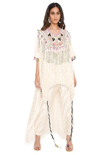 PS-KP0095-A  Chalk White Colour Floral Chanderi Yoke Embroidered Kurta With Tassel And Jogger Pant