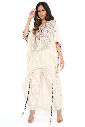 PS-KP0095-A  Chalk White Colour Floral Chanderi Yoke Embroidered Kurta With Tassel And Jogger Pant