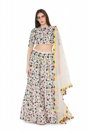 PS-LH0034  Chalk White Colour Georgette Back Tie-Up Choli and Lehenga with Net Dupatta