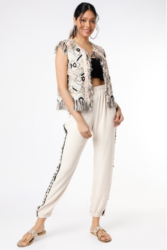 PS-FW689-B  Chalk White Embroidered Georgette Waistcoat And Black Lycra Bustier Worn With Chalk White Georgette Jogger Pants