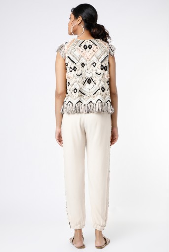 PS-FW689-B  Chalk White Embroidered Georgette Waistcoat And Black Lycra Bustier Worn With Chalk White Georgette Jogger Pants