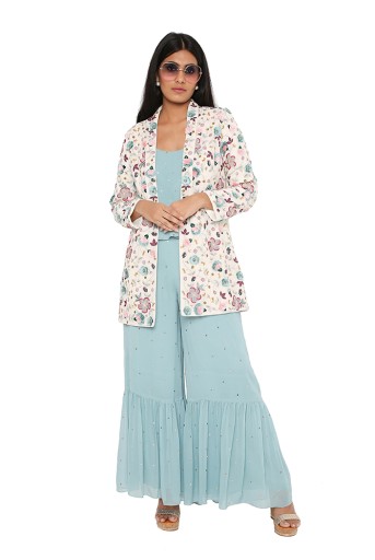 PS-JK0042  Chalk White Embroidered Jacket With Periwinkle Two Layer Top And One Frill Sharara