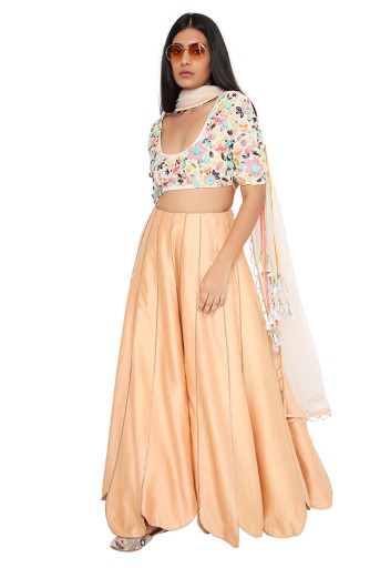 PS-FW511-C  Chalk White Georgette Embroidered Choli With Peach Lehenga And Stone Net Dupatta