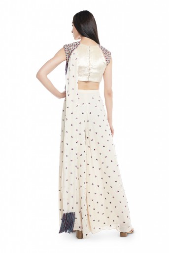 PS-SS0004-B  Chalk White Velvet Choli and Georgette Palazzo with Attached Drape Dupatta