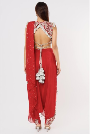 PS-TL0008-K  Cherry Red Embroidered Back Tie Up Choli & Low Crotch Pant With Attached Drape