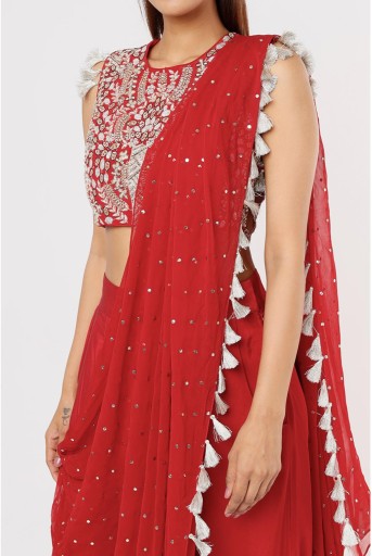 PS-TL0008-K  Cherry Red Embroidered Back Tie Up Choli & Low Crotch Pant With Attached Drape