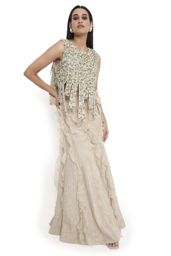 PS-CS0126  Chiara Off White Embroidered Top And Sharara With Ruffles