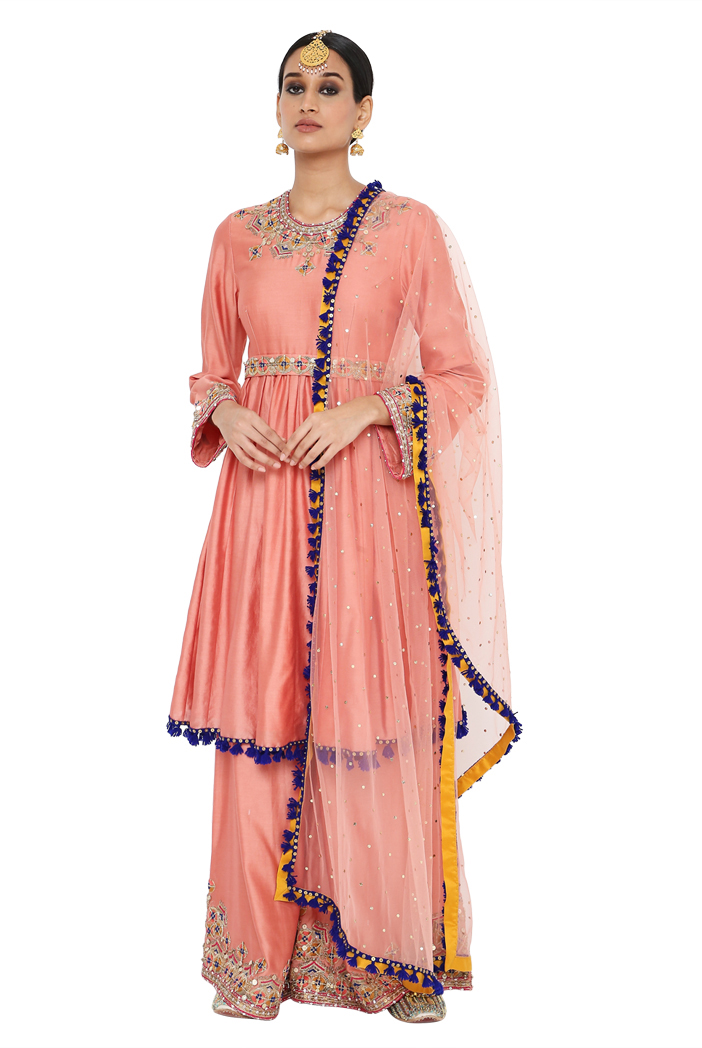 coral colour embroidered short anarkali with palazzo and dupatta a0