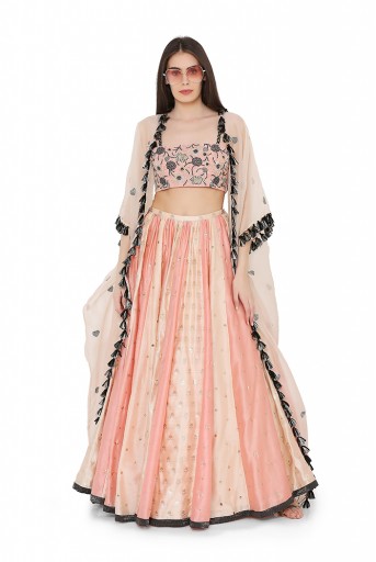 PS-LH0040  Coral Colour Georgette Bustier with Blush and Coral Colour Benarasi Brocade Multi Panelled Lehenga with Blush Colour Organza Cape