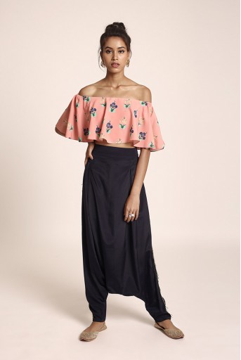 PS-FW425TT Coral Printed Art Crepe Ruffle Off Shoulder Top with Navy Art Crepe Low Crotch Pant