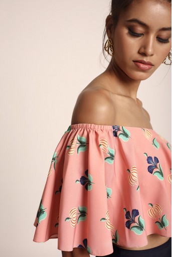 PS-FW425TT Coral Printed Art Crepe Ruffle Off Shoulder Top with Navy Art Crepe Low Crotch Pant