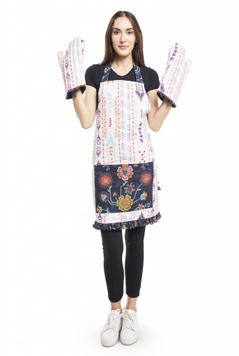 PS-AM0001  Cream and Navy Colour Printed Canvas Apron with Mittens and Pouch Set in Gift Box