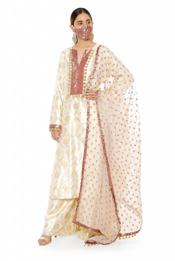 PS-KP0051  Cream Colour Banarasi Silk Kurta with Palazzo and Embroidered Banarasi Net Dupatta with Maroon Colour Brocade Patterned Detail and Matching Structured 3 Ply Mask