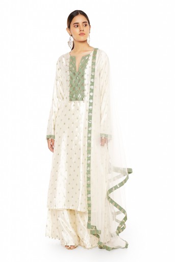 PS-KP0047  Cream Colour Banarasi Silk Kurta with Palazzo and Net Dupatta with Moss Green Colour Foil Patterned Silkmul Detail with Matching Structured 3 Ply Mask