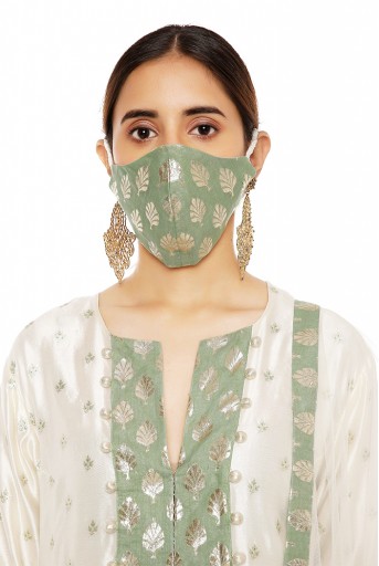 PS-KP0047  Cream Colour Banarasi Silk Kurta with Palazzo and Net Dupatta with Moss Green Colour Foil Patterned Silkmul Detail with Matching Structured 3 Ply Mask