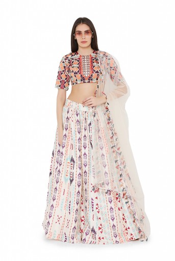 PS-LH0027-A  Cream Colour Crepe Back tie-Up Choli with Net Dupatta and Printed Lehenga