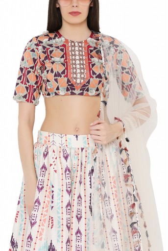 PS-LH0027-A  Cream Colour Crepe Back tie-Up Choli with Net Dupatta and Printed Lehenga