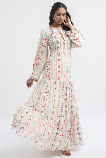 PS-DR0014-D  Cream Colour Printed Art Georgette Tiered Dress