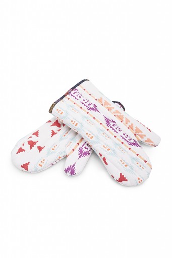 PS-MI0001  Cream Colour Printed Canvas Mittens with Navy Colour Printed Silkmul Piping
