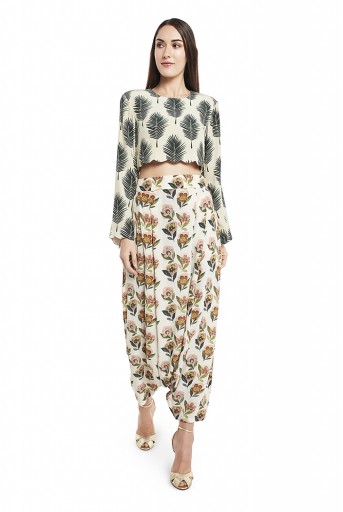 PS-FW437-T  Cream Colour Printed Crepe Crop Top with Low Crotch Pant
