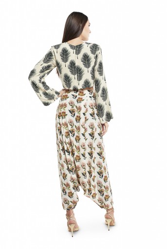 PS-FW437-T  Cream Colour Printed Crepe Crop Top with Low Crotch Pant