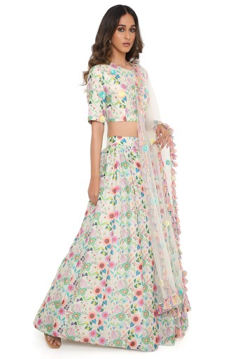 PS-LH0063-C  Cream Floral Spring Garden Print Silkmul Embroidered Choli With Silkmul Lehenga And Net Embroidered Dupatta
