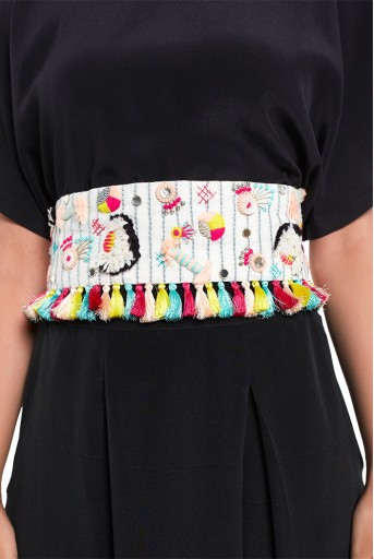 PS-BL012  Cream Linen Baby Butti Embroidered Tie-Up Belt with Colourful Tassels