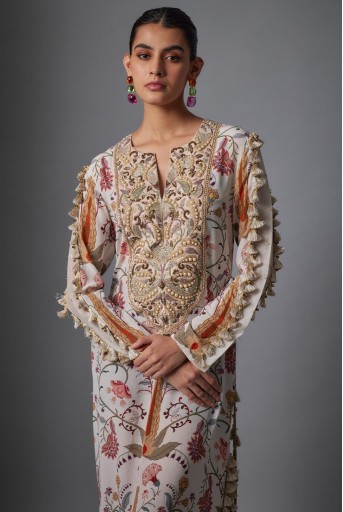 PS-KF0138  Cream Ochre Forest Whisper Print Embroidered Yoke Beyza Kaftan.