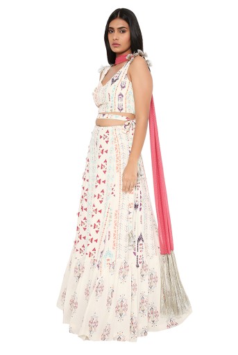 PS-FW620-C  Cream Print Crepe Embroidered Tie-up Choli With Cream Embroidered Lehenga And Cranberry Georgette Dupatta