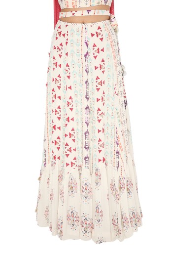 PS-FW620-C  Cream Print Crepe Embroidered Tie-up Choli With Cream Embroidered Lehenga And Cranberry Georgette Dupatta