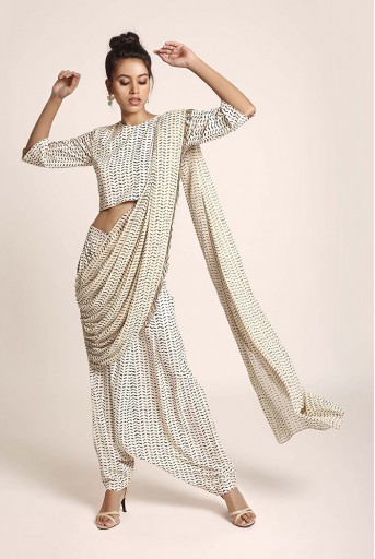 PS-ST1188K Cream Printed Art Crepe Crop Top and Low Crotch Pant with attached Printed Art Georgette Drape