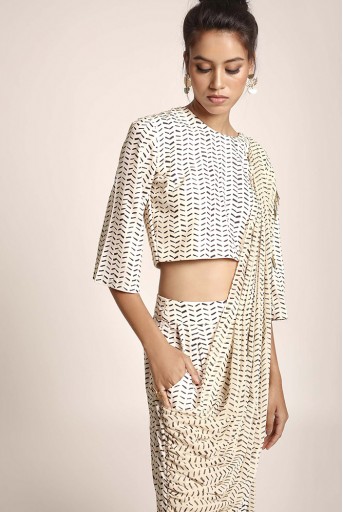 PS-ST1188K Cream Printed Art Crepe Crop Top and Low Crotch Pant with attached Printed Art Georgette Drape