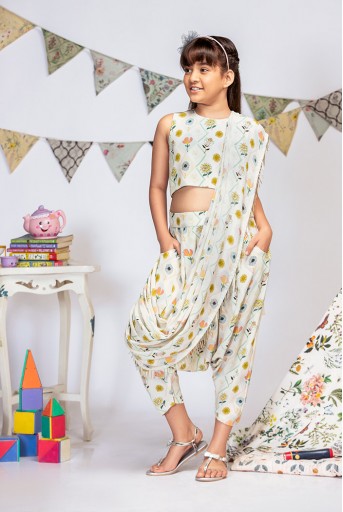 PS-KG0010 Cream Printed Crepe Crop Top with Low Crotch Pant and Attached Georgette Drape