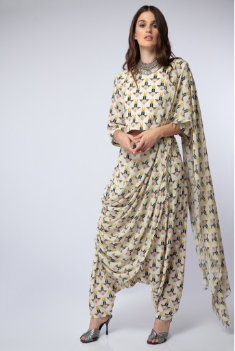 PS-ST1188 Cream Printed Crepe Crop Top with Low Crotch Pant and Attached Georgette Drape