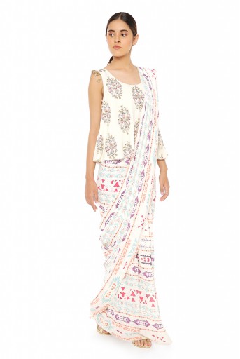 PS-FW617-D  Cream Printed Georgette Top with Cream Printed Georgette Saree