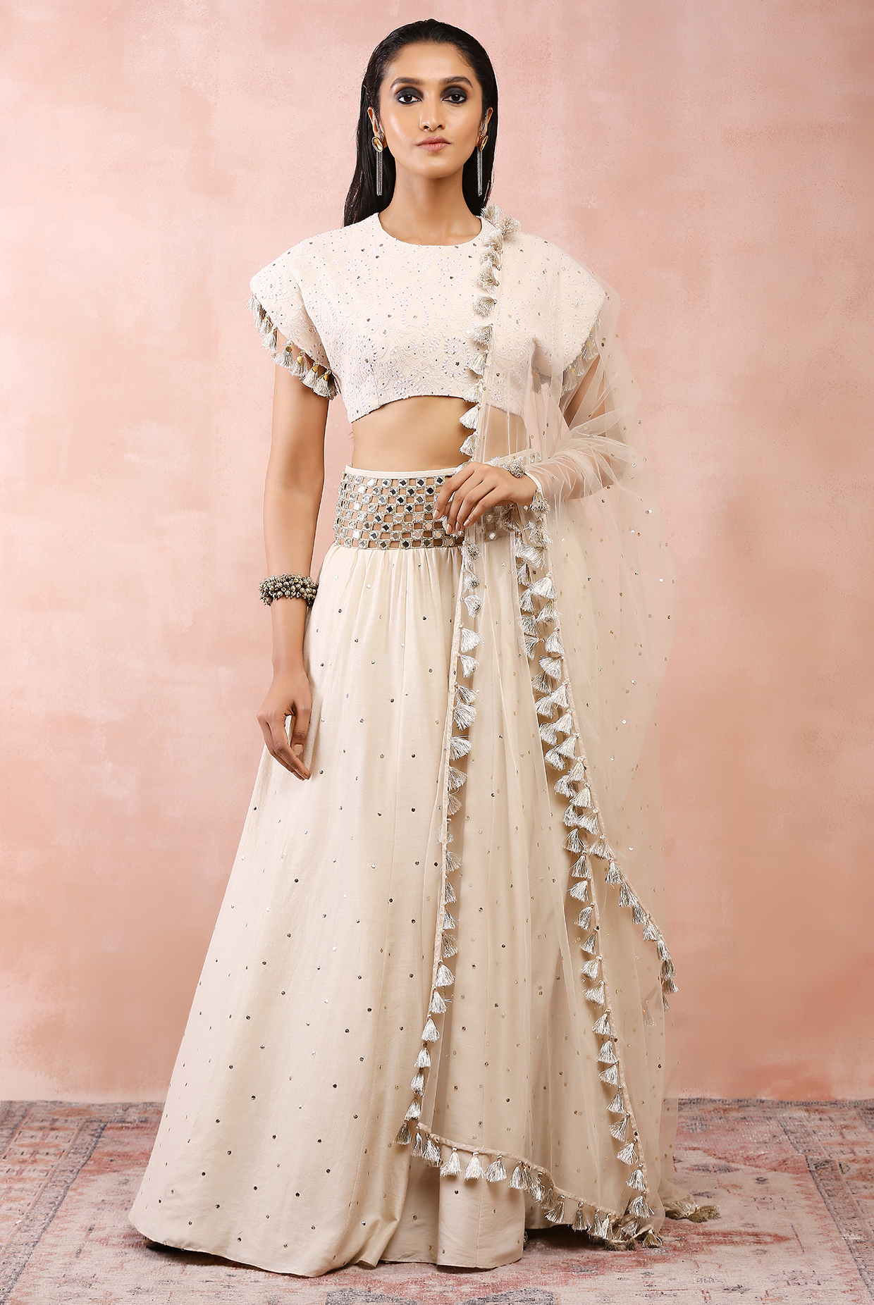 cream top with embroidered belt lehenga and dupatta a0