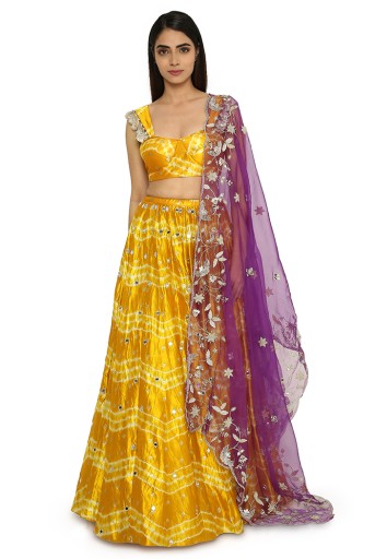 PS-LH0077  Daksha Mustard Colour Leheriya Silk Bustier With Embroidered Lehenga And Purple Organza Dupatta
