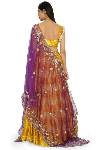 PS-LH0077  Daksha Mustard Colour Leheriya Silk Bustier With Embroidered Lehenga And Purple Organza Dupatta