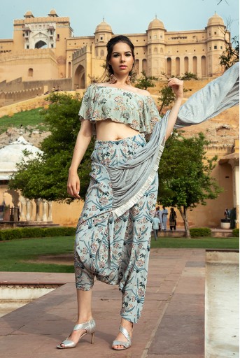 PS-FW547 Darisa Mint Printed Crepe Off Shoulder Ruffle Choli with Powder Blue Printed Low Crotch pant and Mukaish Georgette attached Dupatta