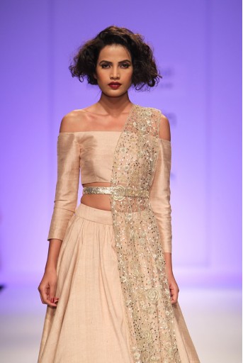 PS-FW339 Demi Blush Dupion Silk Off Shoulder Choli with Skirt and Tulle Dupatta with Belt