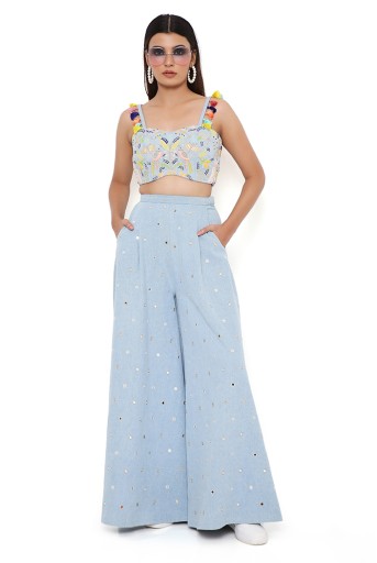 PS-CS0044-A  Blue Denim Embroidered Bustier And Flared Pant