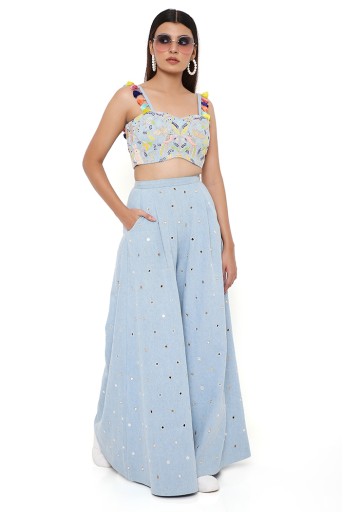 PS-CS0044-A  Blue Denim Embroidered Bustier And Flared Pant