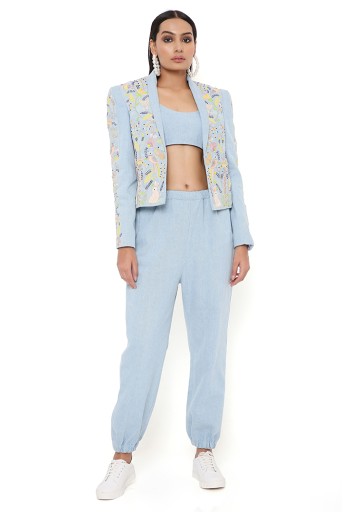 PS-JK0062  Blue Denim Embroidered Jacket With Bustier And Jogger Pant