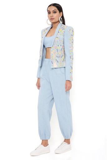 PS-JK0062  Blue Denim Embroidered Jacket With Bustier And Jogger Pant