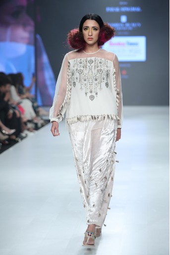 PS-FW688 Dilnaz Chalk White Georgette and Organza Top with Velvet Low Crotch Pant
