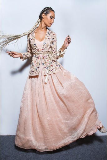 PS-FW582 Diyora Blush Georgette Jacket with Chanderi Stripe Lehenga and Bustier